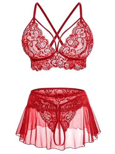 CRIPOM Sexy Lingerie for Women Naughty 3 Piece Lace Bralette, Mini Skirt with G-String Crotchless Lingerie Outfits - X-Small - Red