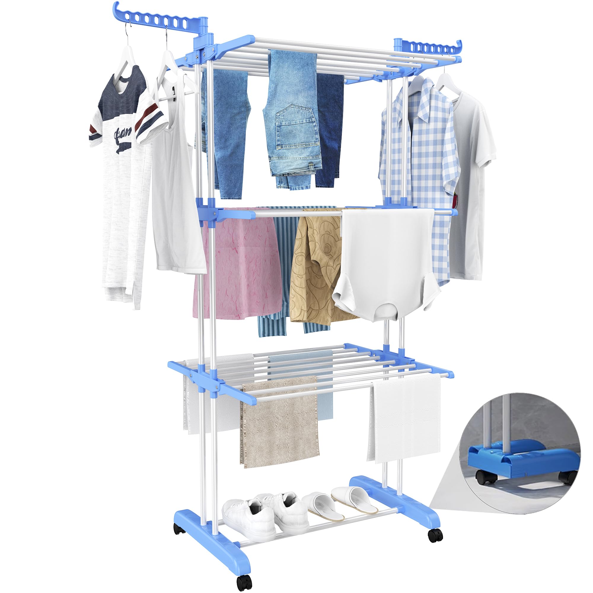 HOMIDEC Airer Clothes Drying Rack,4-Tier Foldable Clothes Hanger Adjustable Large Stainless Steel Garment Laundry Racks for Indoor Outdoor,Blue