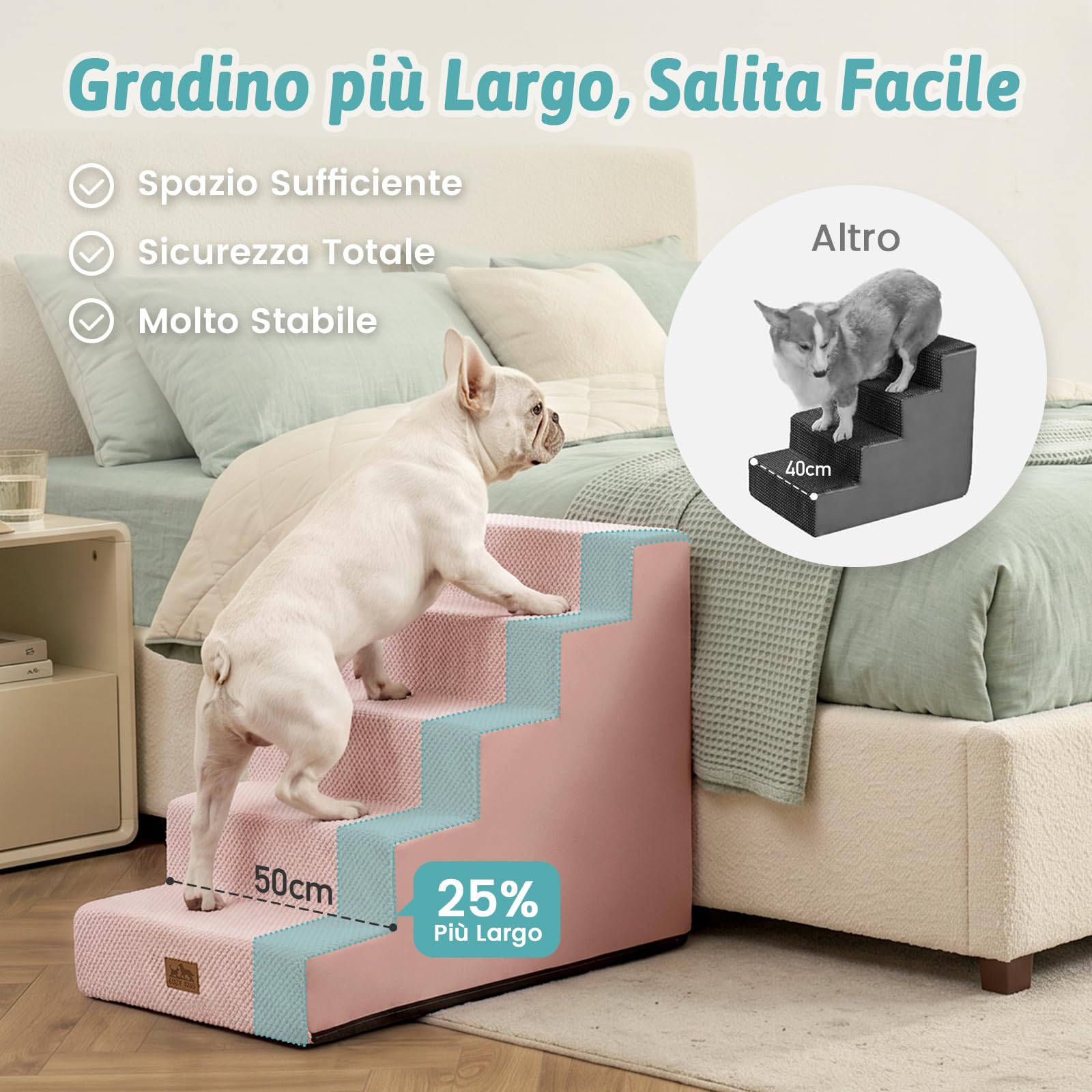 COZY KISS Scaletta larga per cani di piccola taglia, altezza 45 cm, per letto, divano, auto, antiscivolo, per cani anziani, cuccioli, cani di piccola taglia e media, 60 x 45 x 45 cm, 4 ripiani, rosa