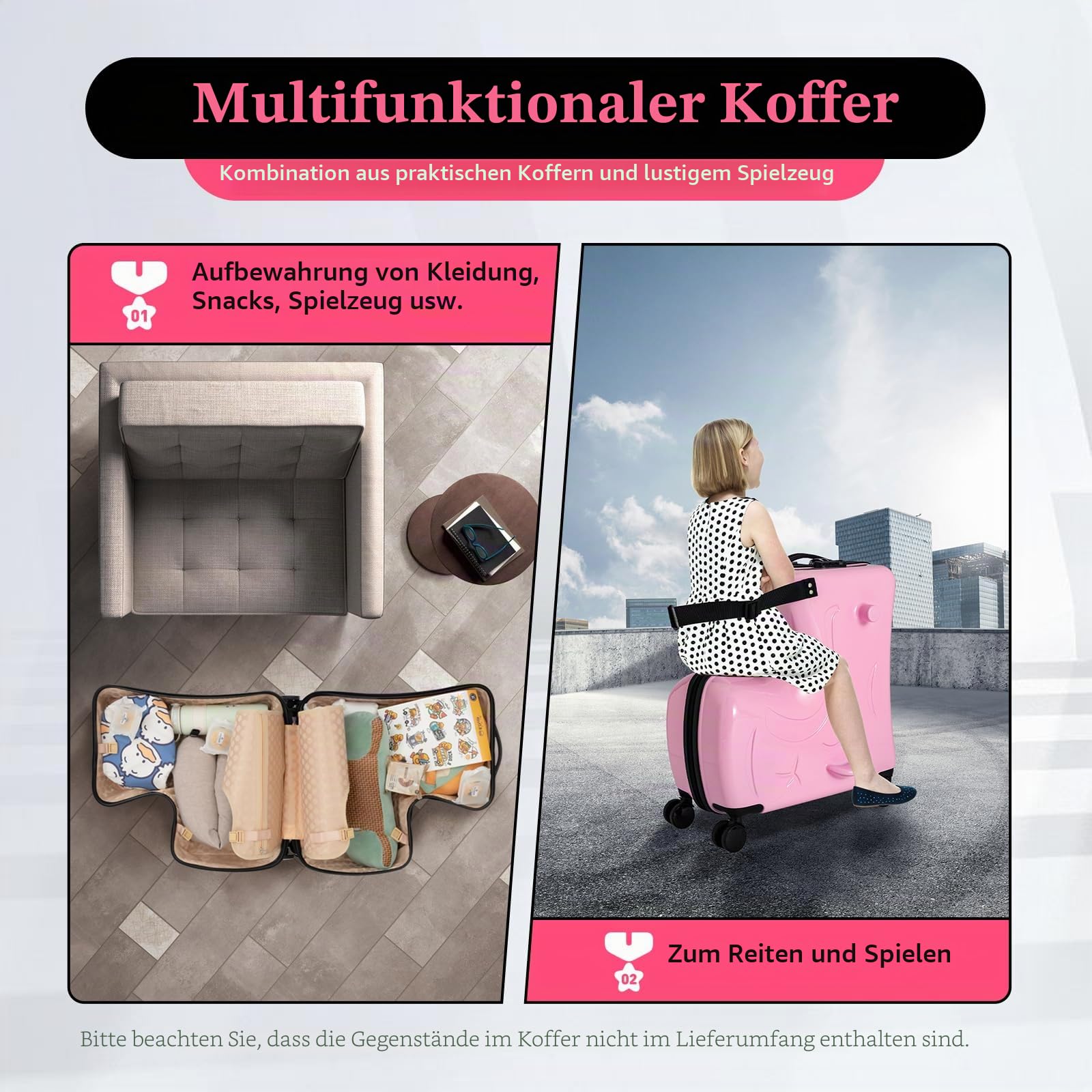 Kinderkoffer Zum Draufsitzen 20 Zoll, Kindertrolley mit Sitzfunktion & Sicherheitsgurt, Hartschalen Reisekoffer Kinder Pferd Design, Leichtgewicht 3.3kg für Kinder 3-6 Jahre, Rosa