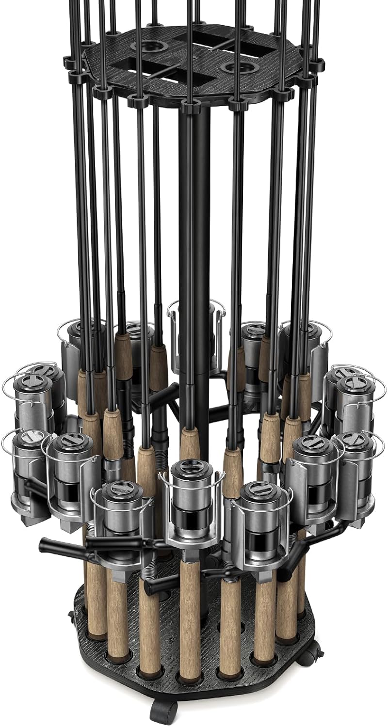 KEXMO Fishing Rod Rack for Garage, Holds 16 Poles or Combos, Mobile Round Rod Holder with 360° Lockable Wheels & Rigging Station, Heavy Duty Steel Fishing Gear Storage Organizer, Black