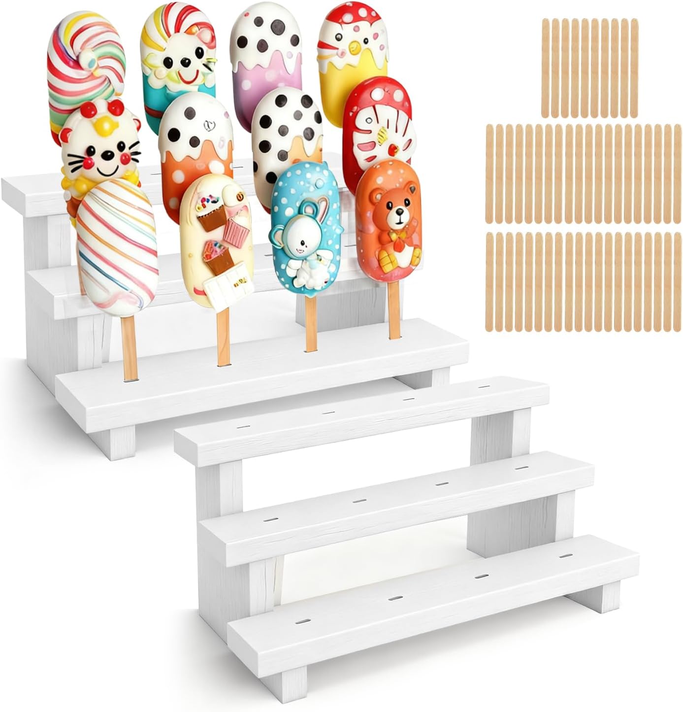 2 Pcs Cake Pop Stand with 50 Pcs 2 mm Lollipop Sticks 3 Tier 12 Holes White Wooden Rectangle Candy Display Holder for Baby Shower Wedding Birthday Party