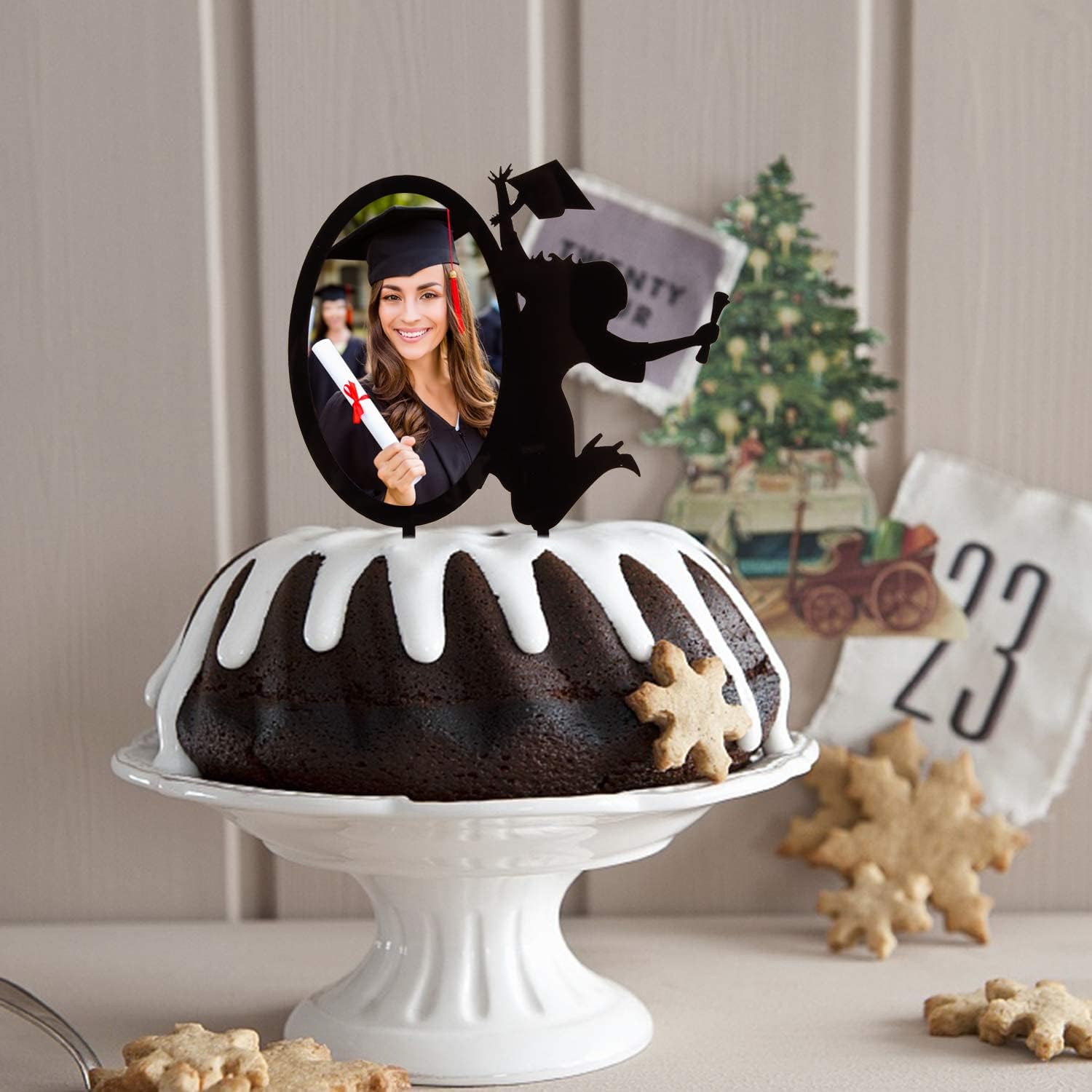 Congrats Grad 2026 Cake Toppers - Black Acrylic With Photo Frame Cake Topper - Class OF 2026 College Graduate Party Supplies - Chic Insert Silhouette A Girl Cheers To Graduate Decorations