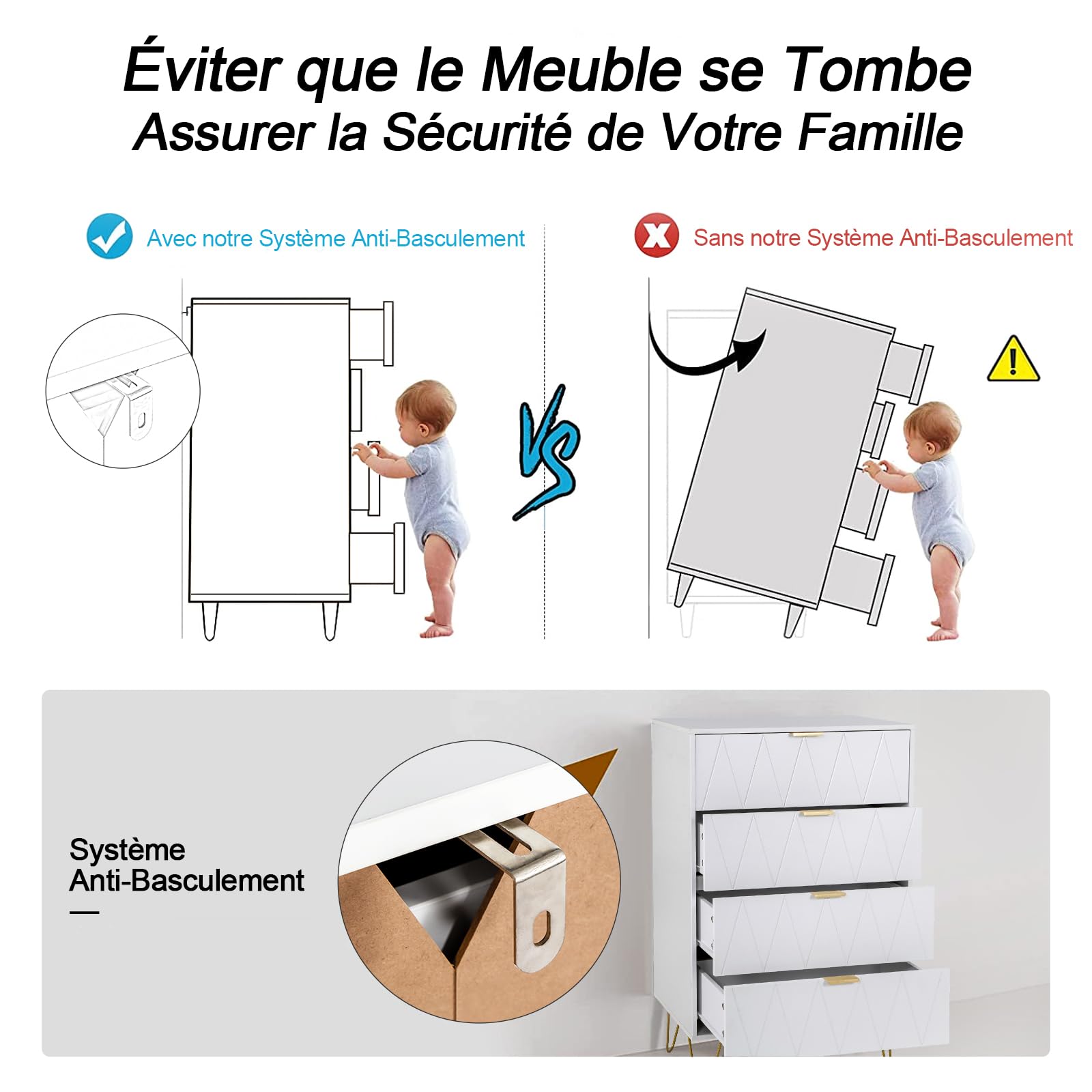 UEV Commode 4 Tiroirs, Meuble de Rangement Bois, Style Simple et Élégant, Manche et Pieds Couleurs Dorées, 60 x 34 x 91 cm, Buffet pour Chambre, Salon, Bureau, Blanc