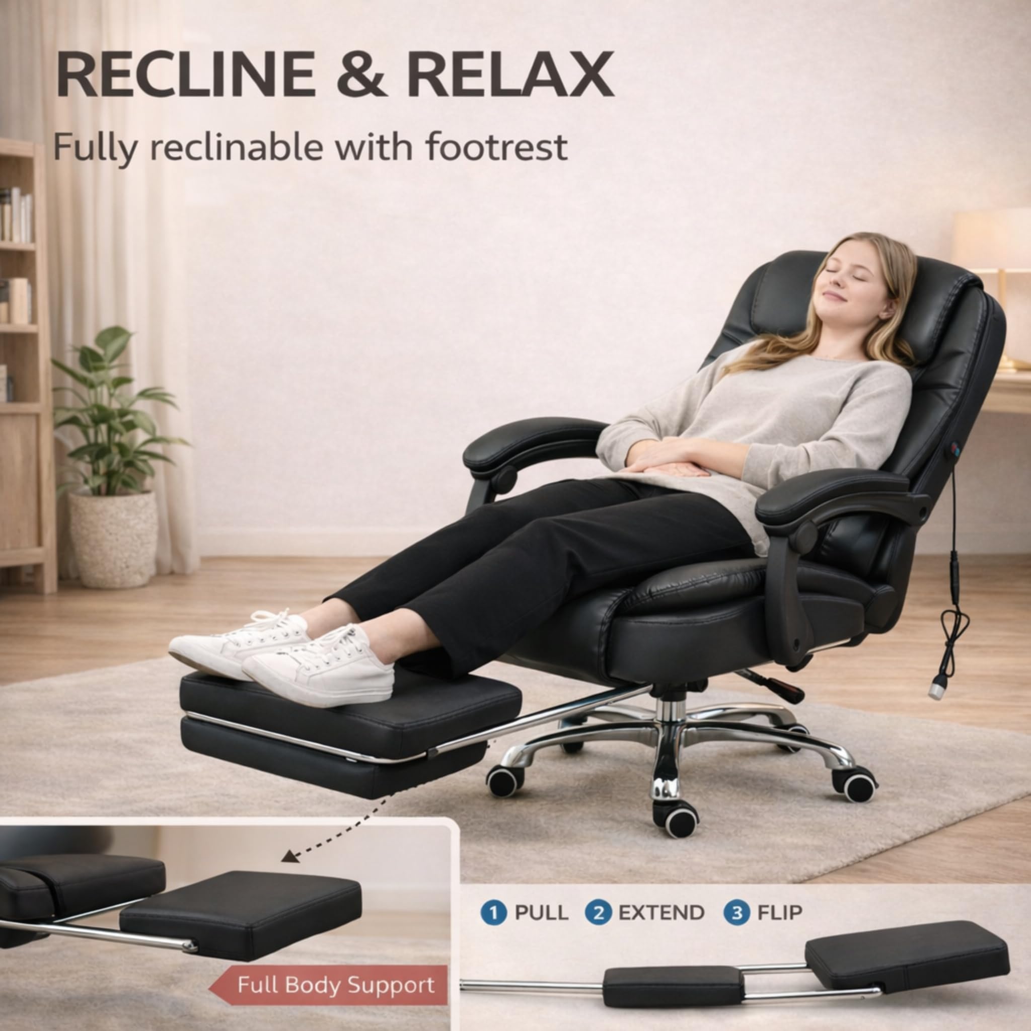 Krzesło biurowe – ergonomiczne krzesło biurkowe z podparciem lędźwiowym zagłówek, regulowane, wyściełane podłokietniki, wygodna poduszka do siedzenia, wysokie oparcie, krzesło kierownicze