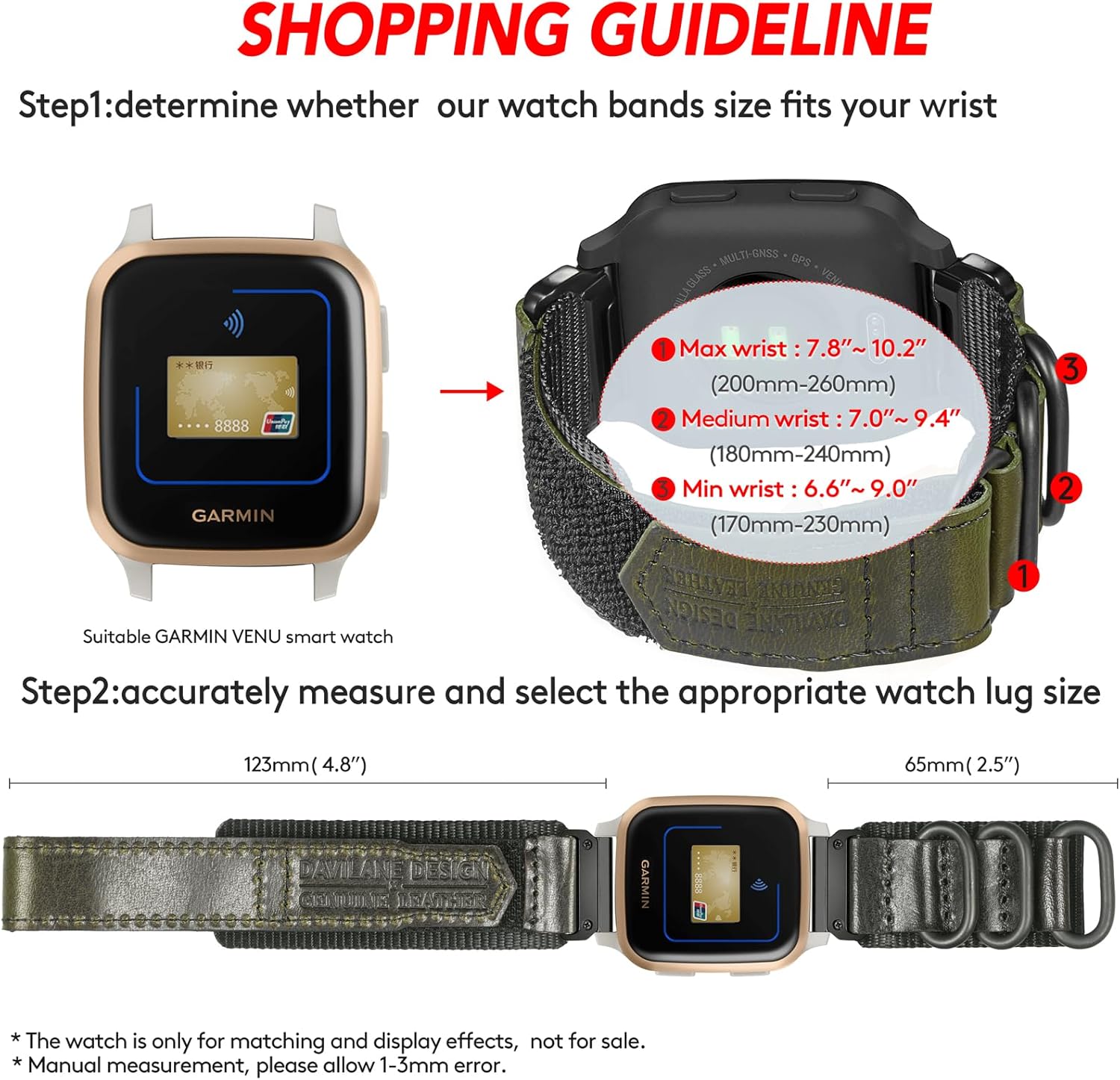 Leather Watch Band Compatible With Garmin Venu/Venu 2/Venu 3/Venu Sq/Venu Sq 2/Venu Sq Music/Venu 2/Venu 2 Plus/vivoactive3/ForeAthlete 245/245 Music/645/645 Music/Approach S40/S42,Upgraded Three Buckles Garmin Venu Watch Band - Image 6