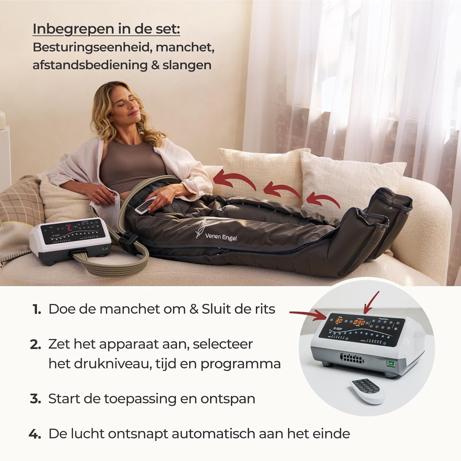 Woman using the Venen Engel device, with an overlay showing the control unit, leg cuffs, remote control, and hoses as included components, along with a 4-step usage guide.