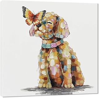 SEVEN WALL ARTS Dog Canvas Wall Art Colorful Animal Picture Pet Puppy Butterfly Alighted on Dog Paintings Modern Framed Artwork for Bedroom Nursery Kids Room Office Home Decor 24"x24"