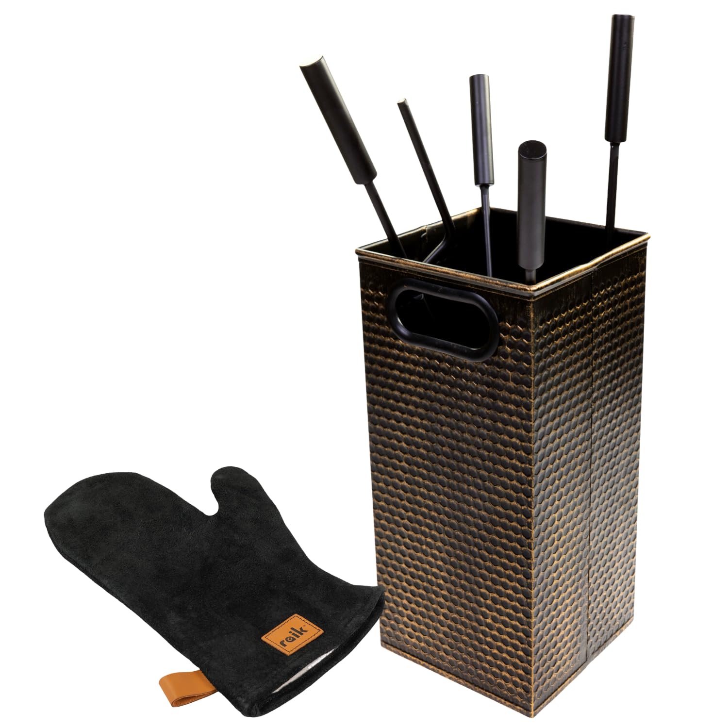 raik Kaminbesteck Set Oskar 4-teilig inkl. Rindsleder Ofenhandschuh bronze Kamingarnitur mit Stahlgriffen für Reinigung und Bedienung von Kaminen Öfen Feuerstellen Holzöfen