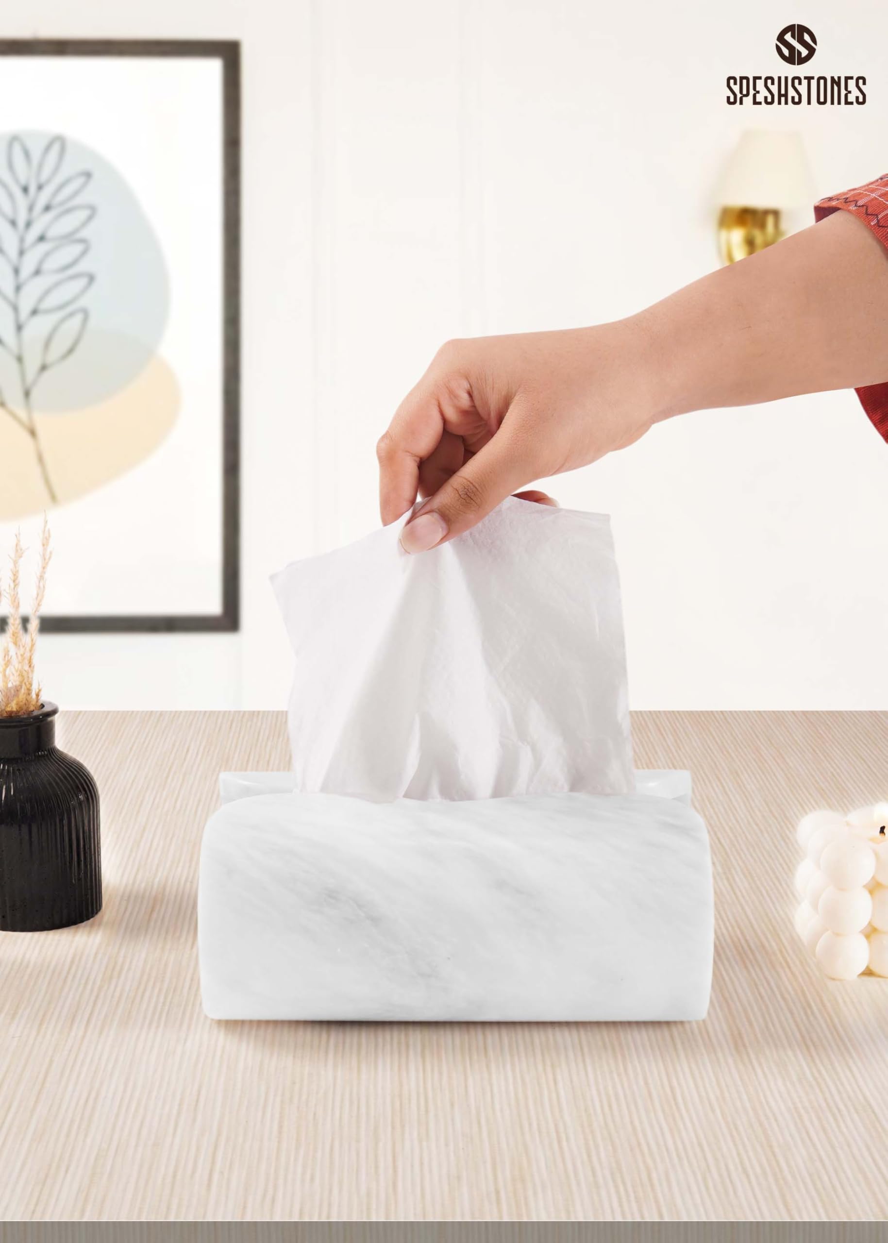 SPESHSTONES - Boîte à mouchoirs en marbre, rectangulaire, blanche, faite à la main, de 19 cm, pour salle de bain moderne et organisateur de maison - Boîte décorative pour mouchoirs faciaux pour la