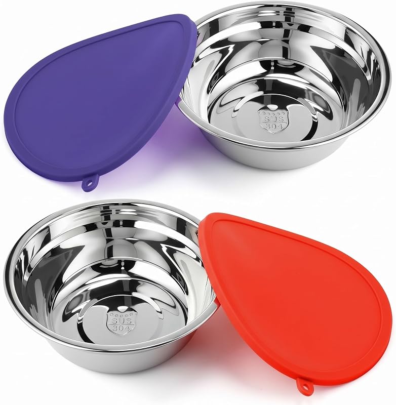 Tigelas para viagem para cães Patelai em aço inoxidável com tampas de silicone, 20 cm, Vermelho e Roxo, pacote com 4