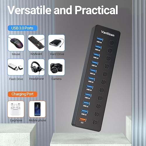 Miniatura 4 de Hub USB alimentado, divisor de concentrador USB 3.0 de 11 puertos, 10 puertos de transferencia de datos USB 3.0 + 1 puerto de carga inteligente,