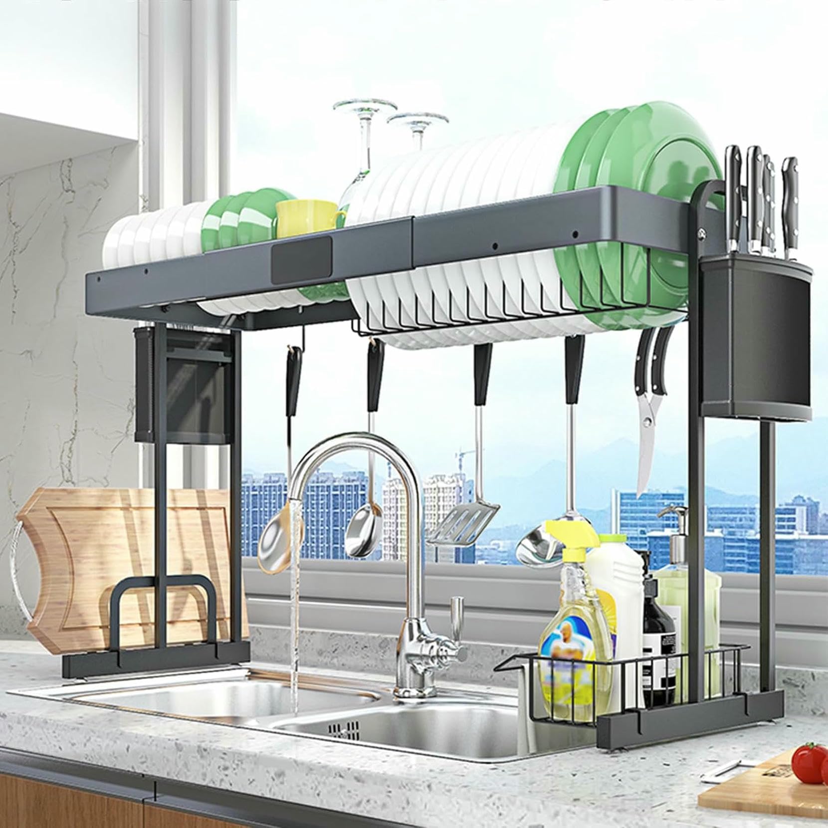 Over The Sink Dish Drying Rack Adjustable 0-15cm Dish Drying Racks for Kitchen Counter with Hooks Paper Towel