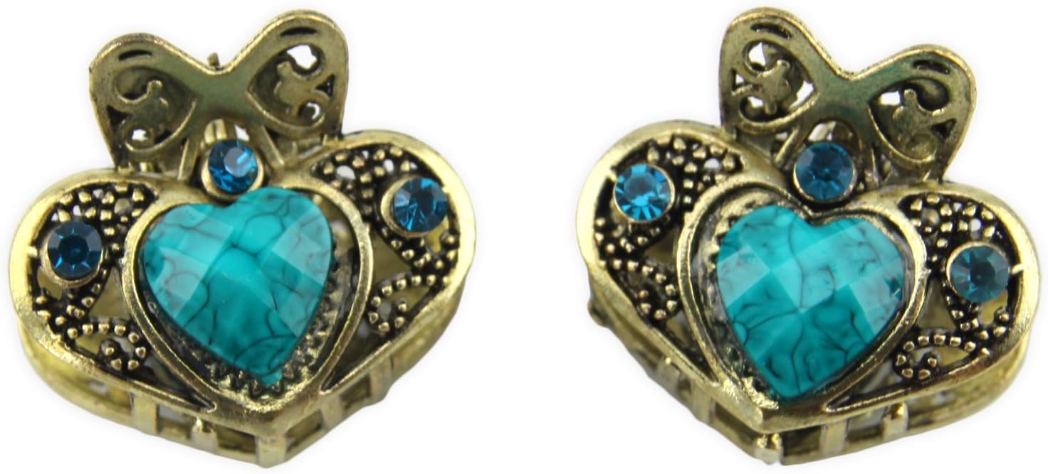 Heart Tiara - Rhinestone Inlay - Two Piece Set - Hair Claw - Turquoise Blue