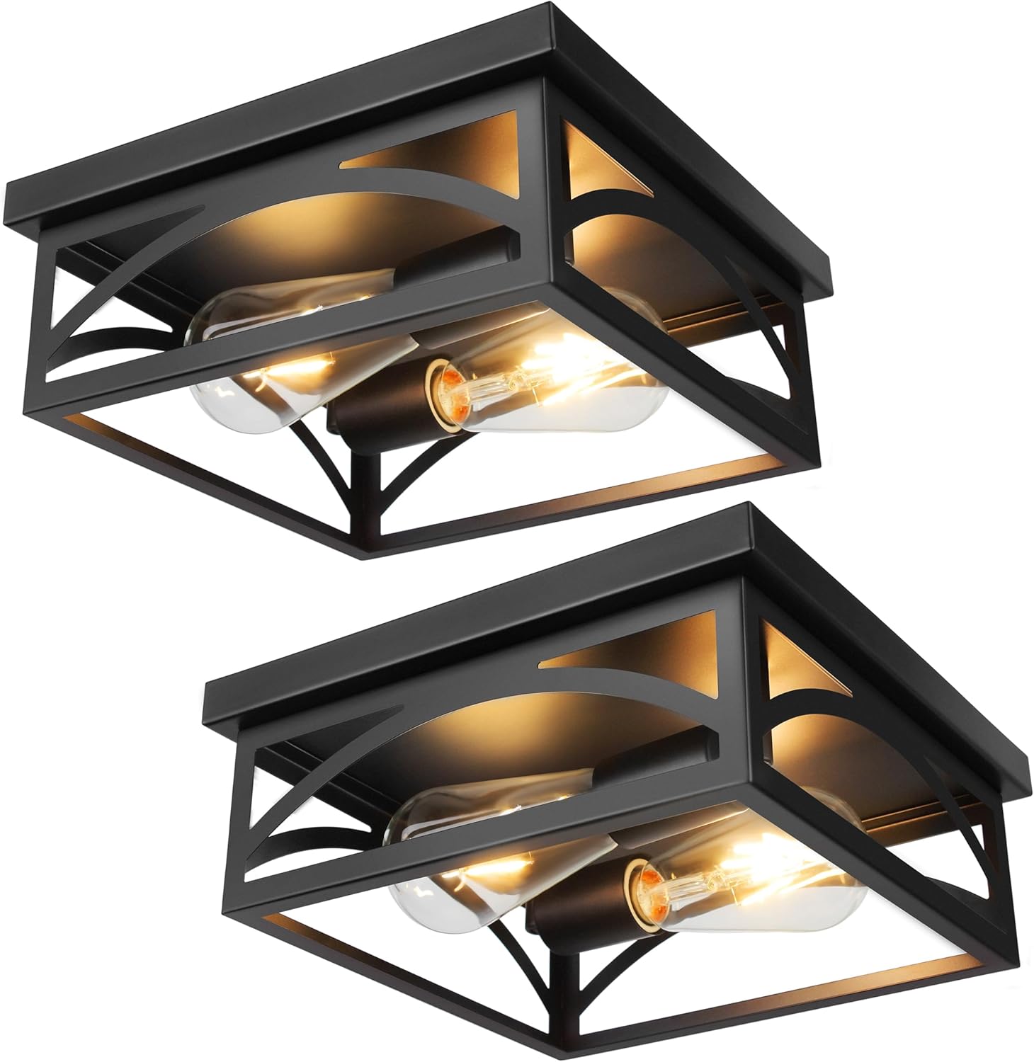 Black Square Flush Mount Ceiling Light Fixtures, 10 Inch Industrial Farmhouse Close to Ceiling Light, Rustproof Outdoor Ceiling Light with Heat Insulation, for Kitchen Hallway Bedroom, 2 Pack, E26