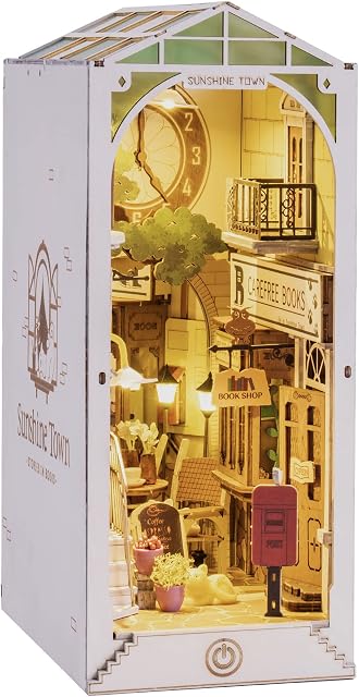 ROBOTIME DIY Book Nook Kit Bookend Stand Bookshelf Insert Bookcase Miniature House with Sensor Light 3D Wooden Puzzle Model Building (Sunshine Town)
