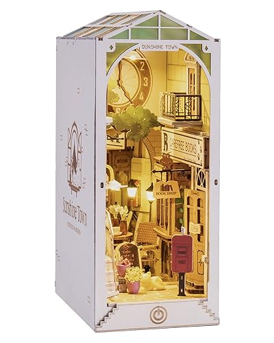 ROBOTIME Book Nook Kit DIY Miniature Dollhouse Booknook Kit 3D Wooden Puzzle Bookend Bookshelf Insert Decor with LED Light for Teens and Adults (Sunshine Town) - Sunshine Town