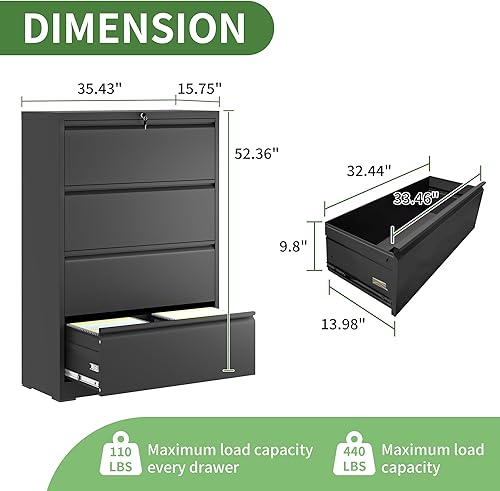 Miniatura 3 de Archivador lateral con cerradura, archivadores de metal de 4 cajones, gabinete de almacenamiento de oficina en casa para colgar archivos
