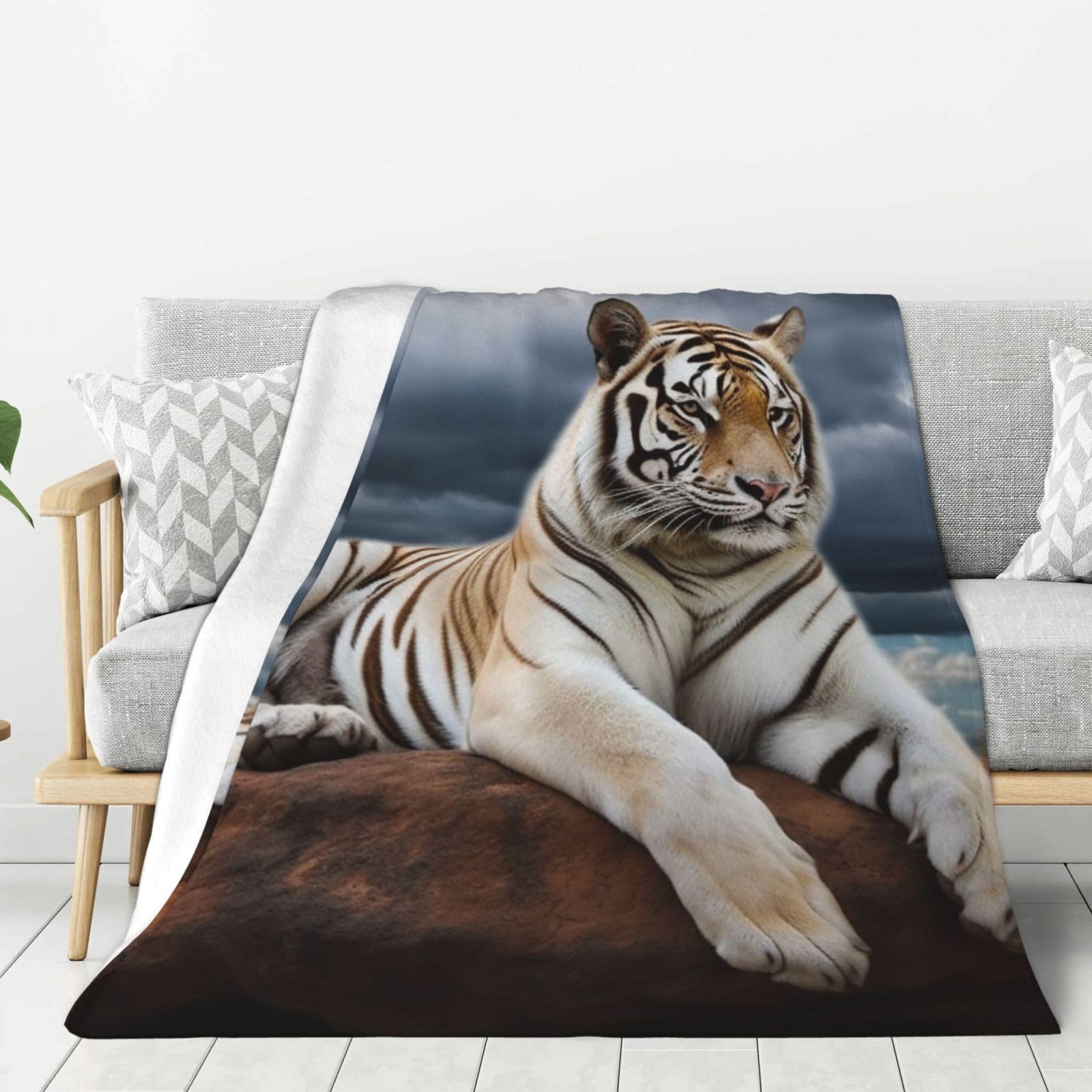 Majestic Tiger Resting On A Rock with Cloudy Sky Throw Blanket Plush Flannel Fleece Blanket, Soft Lightweight Cozy Blankets 50"X40" for Bed Couch Sofa Travel