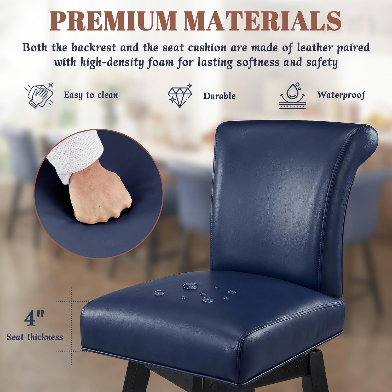 Swivel Bar Stools Set of 2, 26" Modern Leather Counter Height Bar Stools with Back and Square Solid Wood Legs for Kitchen Island, Dining Room