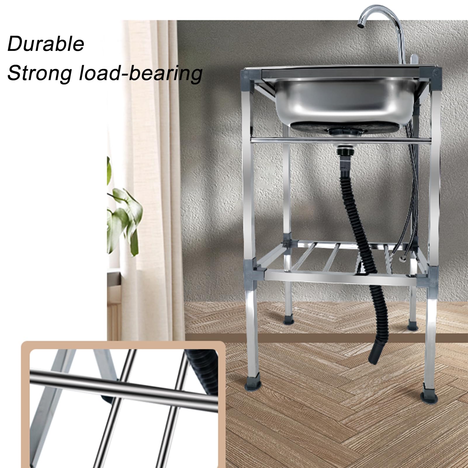 Lavello indipendente in acciaio inossidabile, lavabo singolo per uso commerciale per interni ed esterni, facile installazione, perfetto per giardino e ristorante (53 x 38 x 75 cm)
