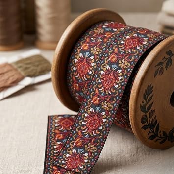 Vintage Jacquard Ribbon, 2-Inch Wide | Boho Floral Embroidery Trim, 5 Yards