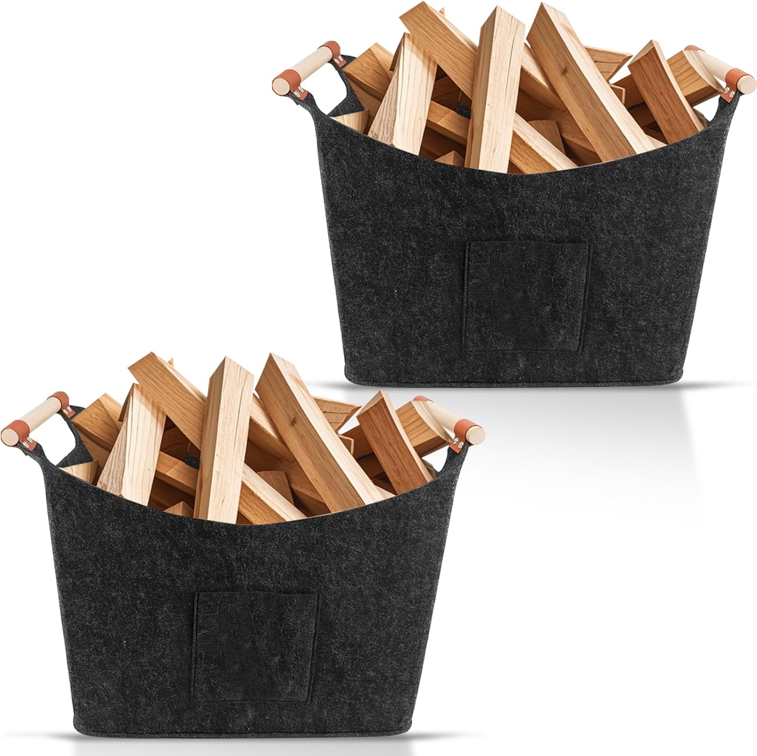 Firewood Carrier with Wooded Handles,Felt Firewood Basket and Front Pocket Multipurpose Foldable Large Capacity Carrier Storage Bag （2pcs）