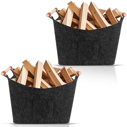 Firewood Carrier with Wooded Handles,Felt Firewood Basket and Front Pocket