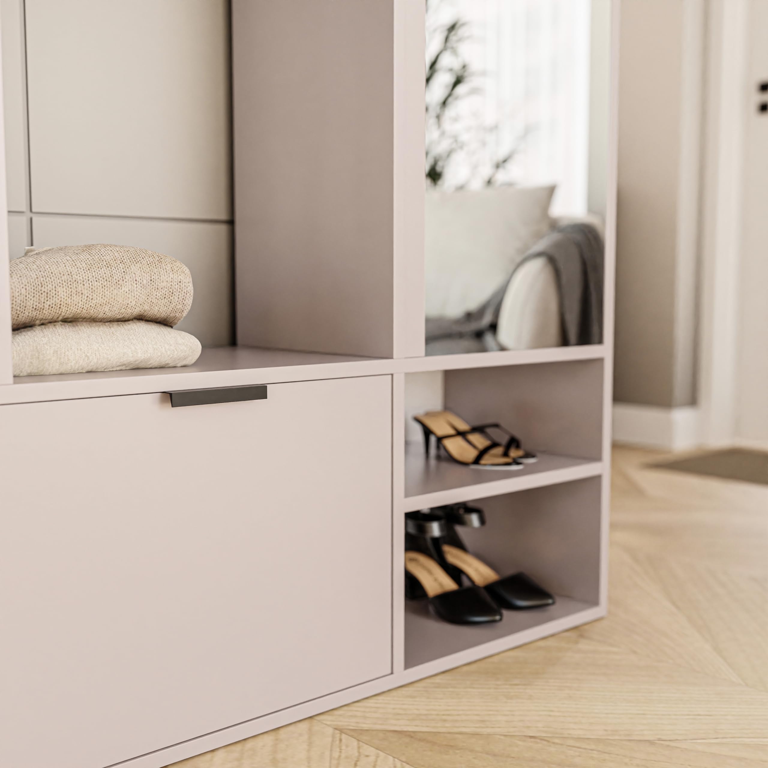GREKPOL Garderobe Set mit Spiegel 100x33x190 cm Cashmere Garderobenschrank Flur mit Regalböden und Kleiderhaken