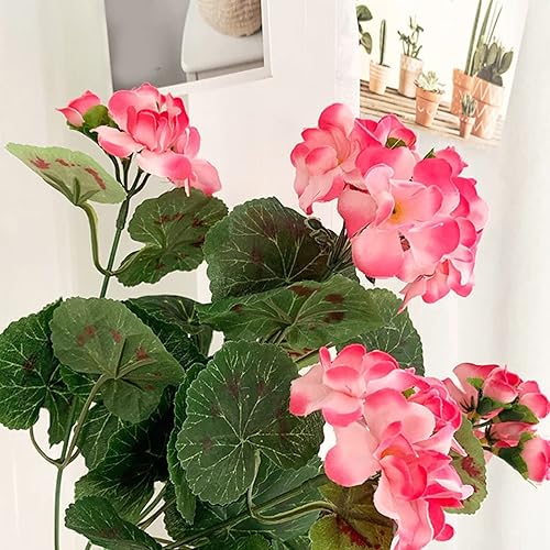 Miniatura 4 de Flores artificiales de geranio, 1 unidad, arbusto de geranio sintético rojo de 14 pulgadas de largo, flor de seda falsa floral para macetas al aire