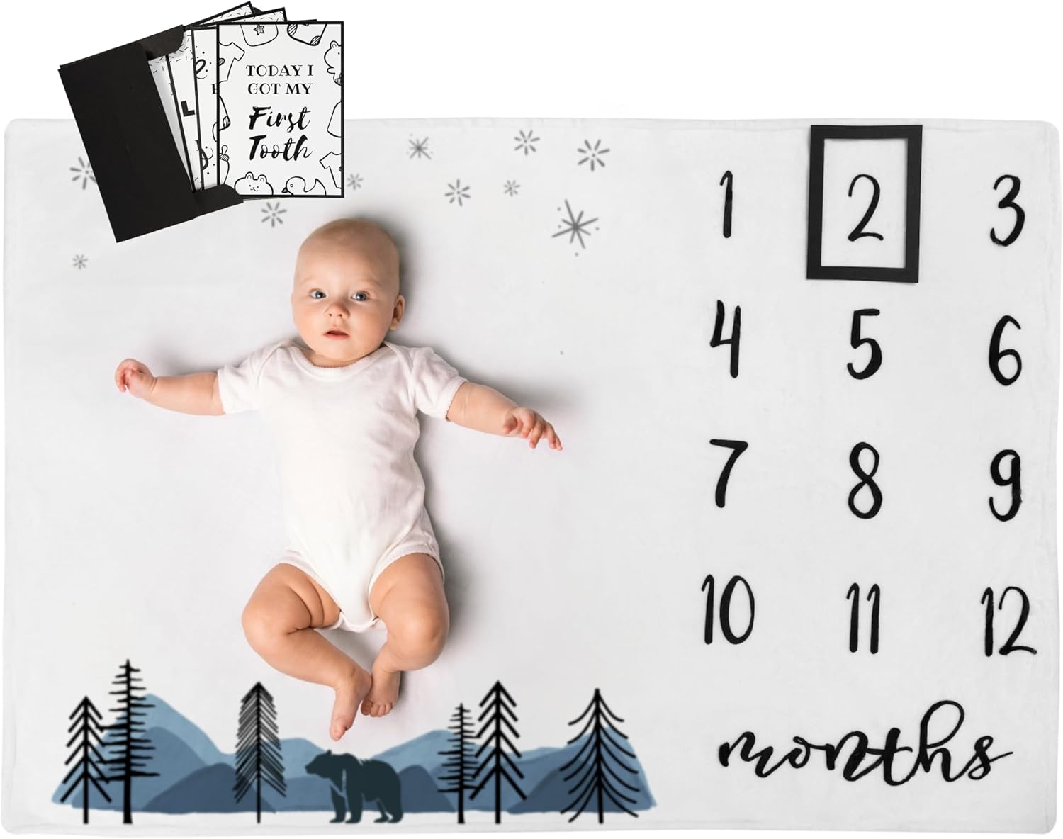 Henry Hunter Baby Milestone Blanket for Your Baby's Monthly Milestones with Frame & Memory Cards | Photography Milestone Blanket for Baby Boy | Premium Cotton Fleece | 30" x 40", Mountain Bear