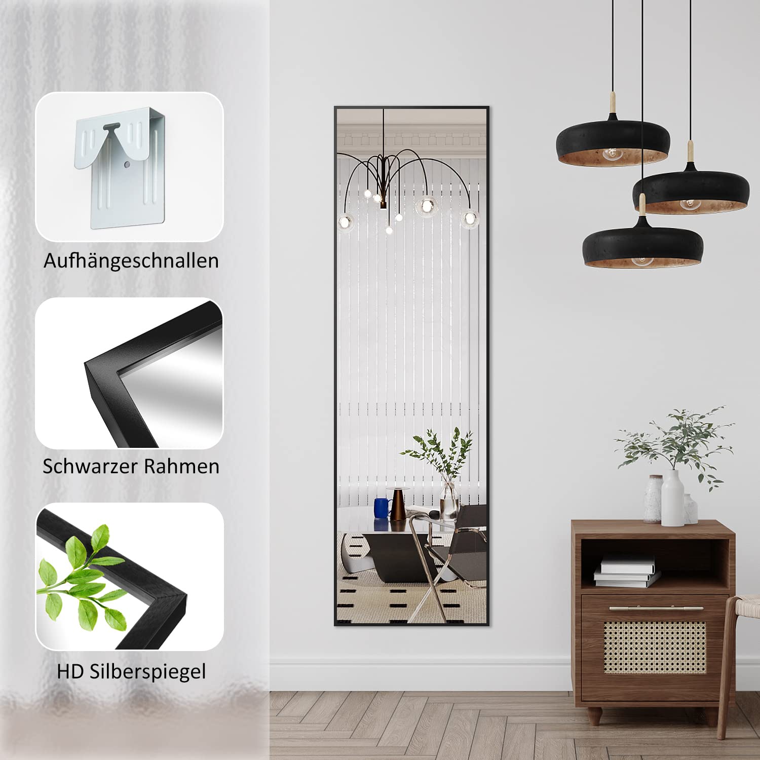 Boromal Ganzkörperspiegel Schwarz 160 x 40 cm Standspiegel Ganzkörperspiegel Wand mit Schwarz Metallrahmen HD großer Spiegel Wandspiegel mit Haken für Schlafzimmer, Wohnzimmer, Badezimmer