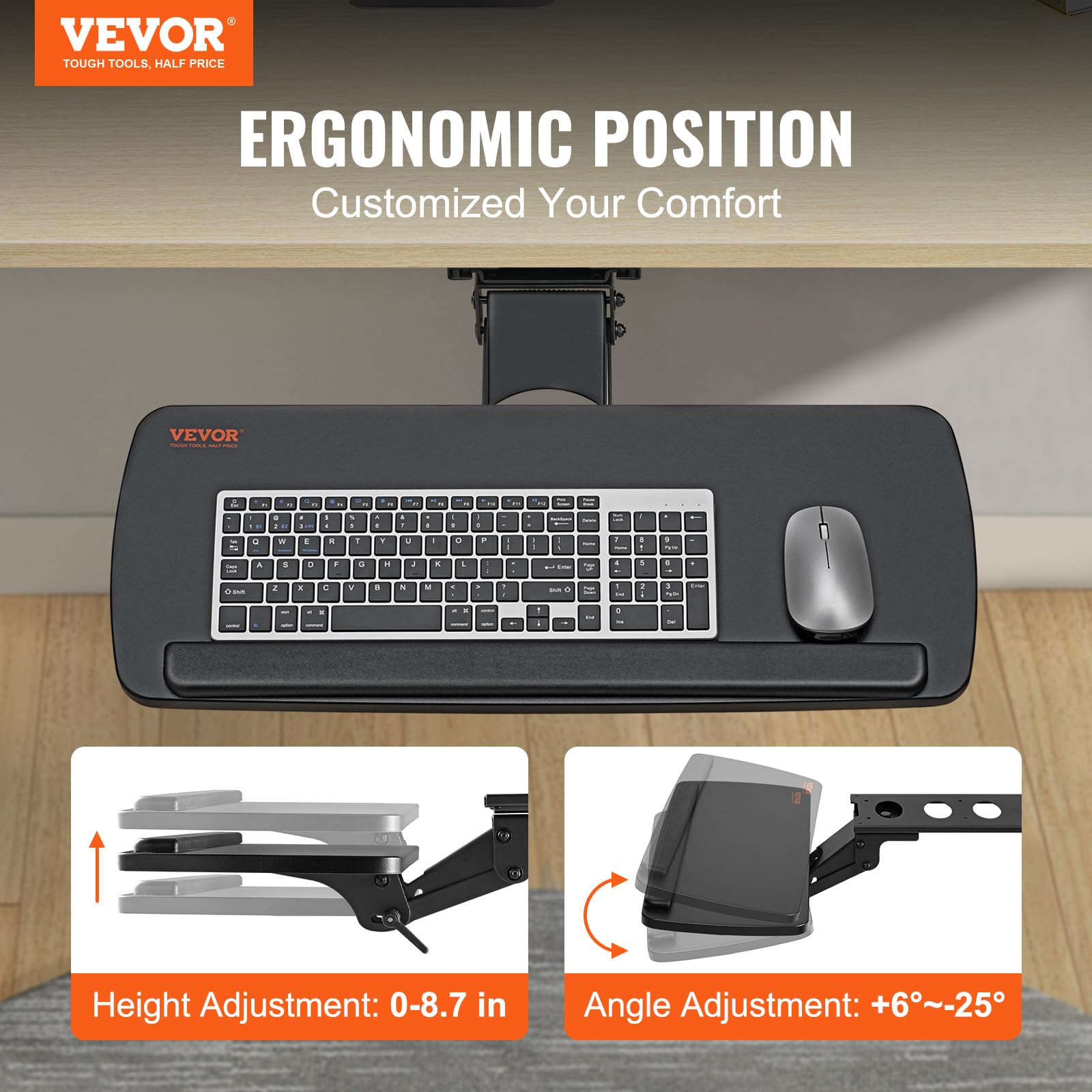 VEVOR Soporte para Teclado Bandeja Deslizante para Teclado y Ratón de 63,5x25 cm Debajo del Escritorio Carga Máxima de 5 kg Fijación Fácil y Ángulo Ajustable para PC en Oficina Casa