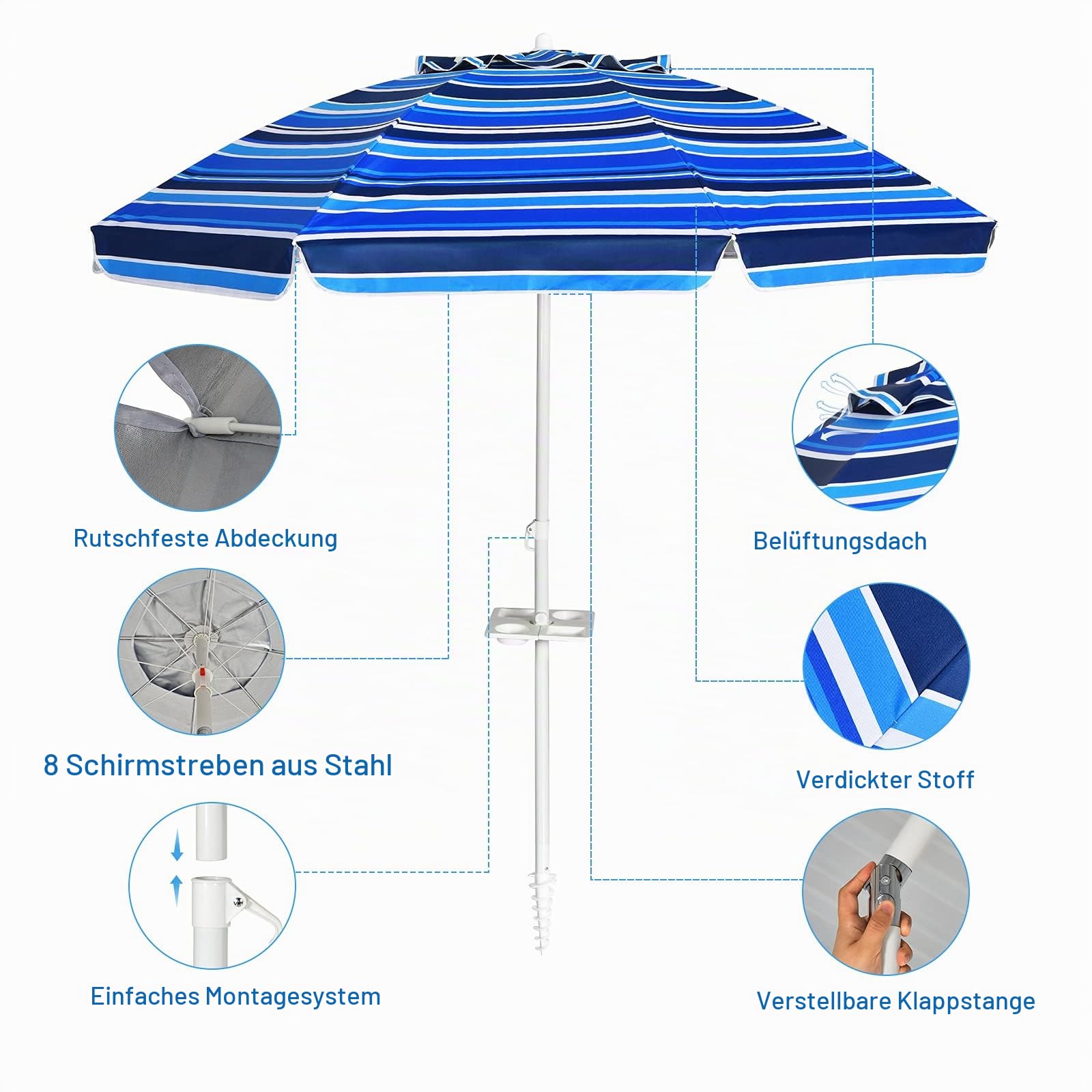 KOMFOTTEU Sonnenschirm 200 cm, Strandschirm mit Becherhalter & Tragetasche, beidseitig um 30° knickbar, Balkonschirm mit Sonnenschutz klappbar, Gartenschirm für Pool, Strand, Terrasse