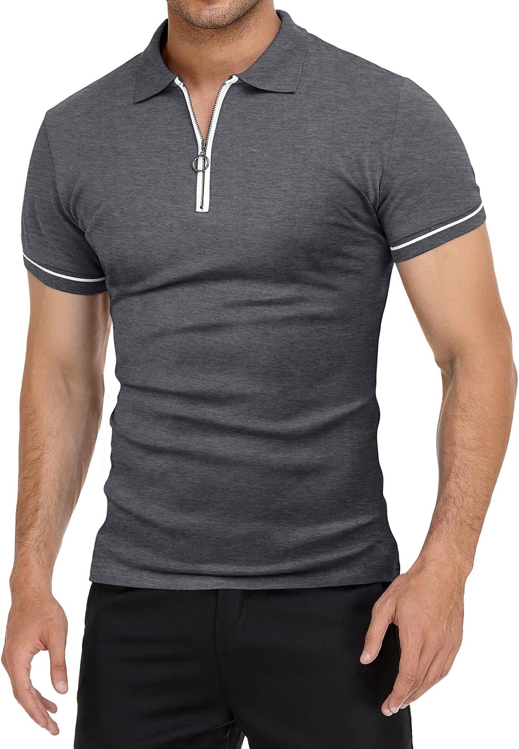 YTD Men's Short Sleeve Polo Shirts Quarter-Zip Casual Slim Fit Lapel Neck Basic Designed Cotton Shirts - Image 2