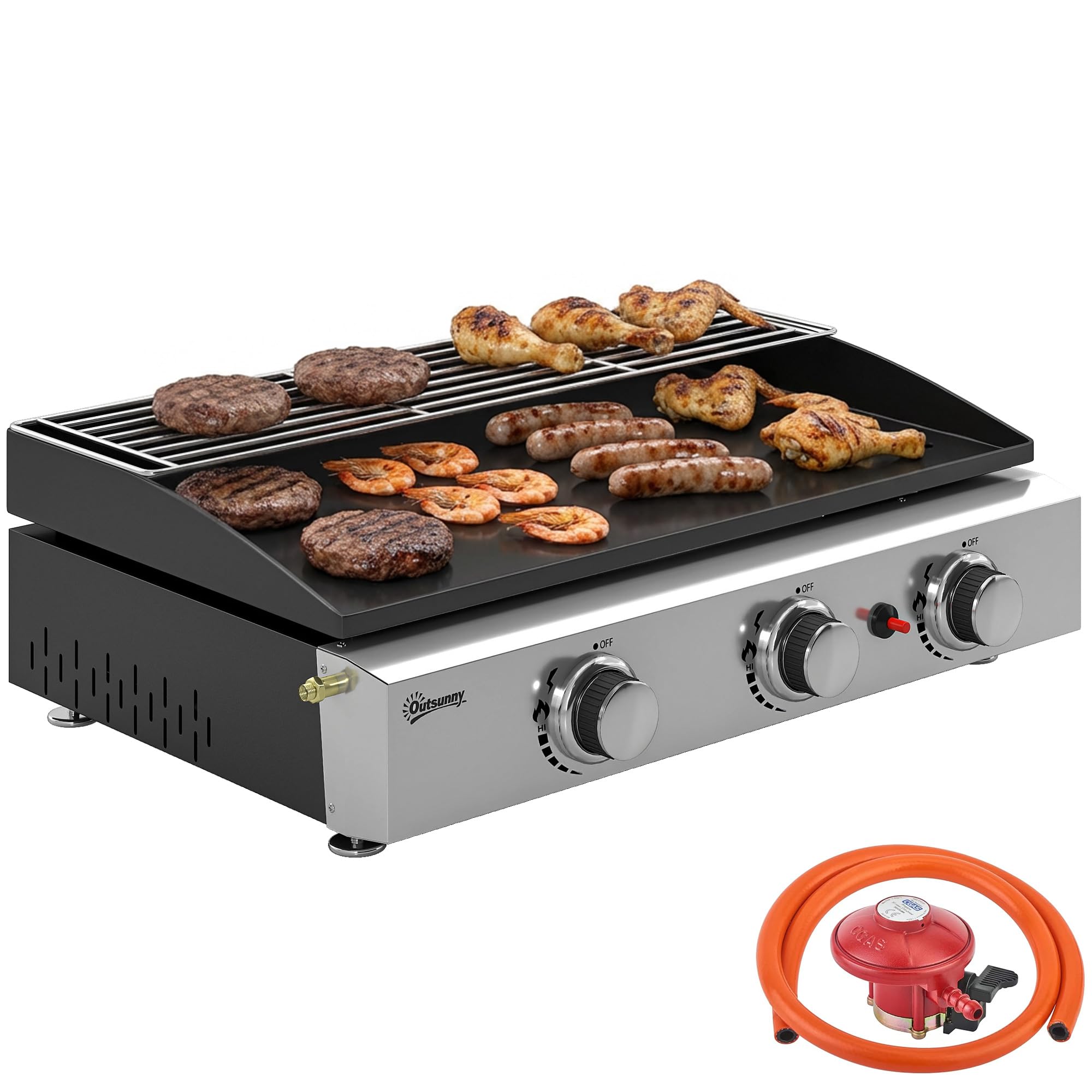 Outsunny Black 3 Burner Grill Griddle Portable Gas Plancha 7.5 Kw