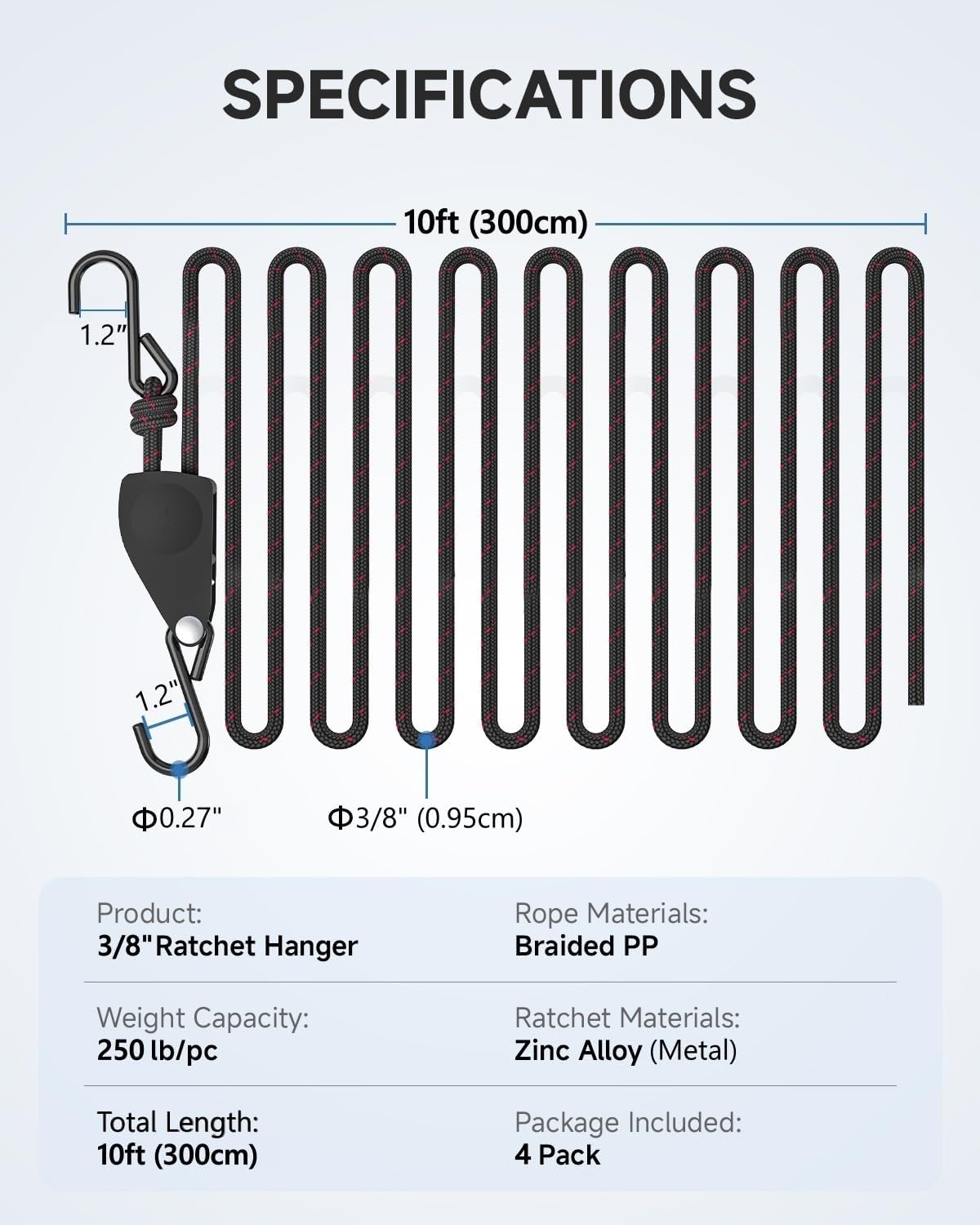 Fondwell 3/8" Tie Downs Ratchet Straps: 4 Pack of Heavy Duty Adjustable Rope Hangers for Various Hanging and Strapping