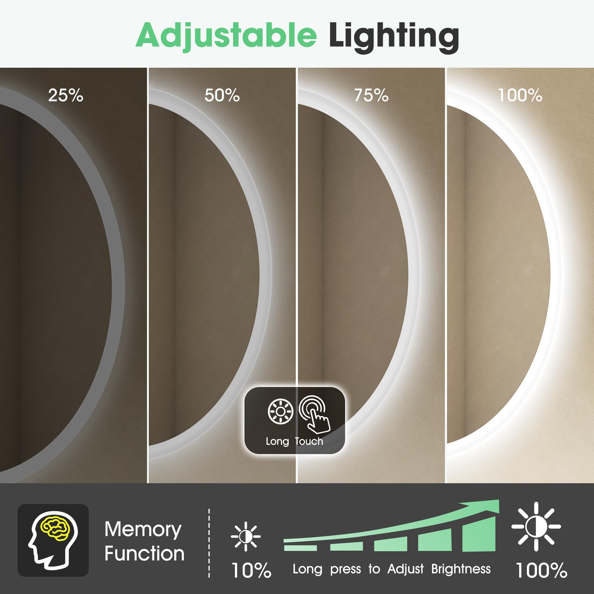 S'bagno Okrągłe lustro łazienkowe z oświetleniem-100 cm, lustro łazienkowe z oświetleniem i Bluetooth, odparowanie, 3000 K/4000 K/6500 K, możliwość ściemniania, szkło hartowane HD, funkcja pamięci
