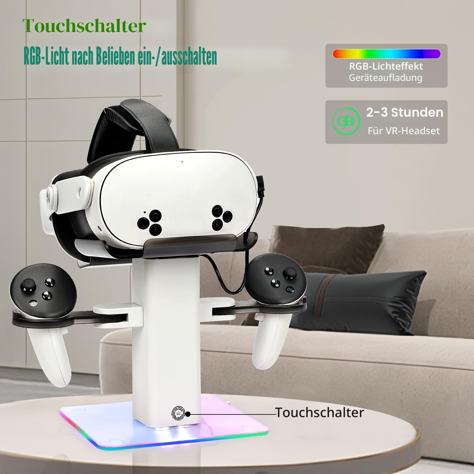 Meta Quest 3S/Quest 3 Vertikaler RGB-Ladeständer, LED-Licht, Rutschfester Matte, Weiß