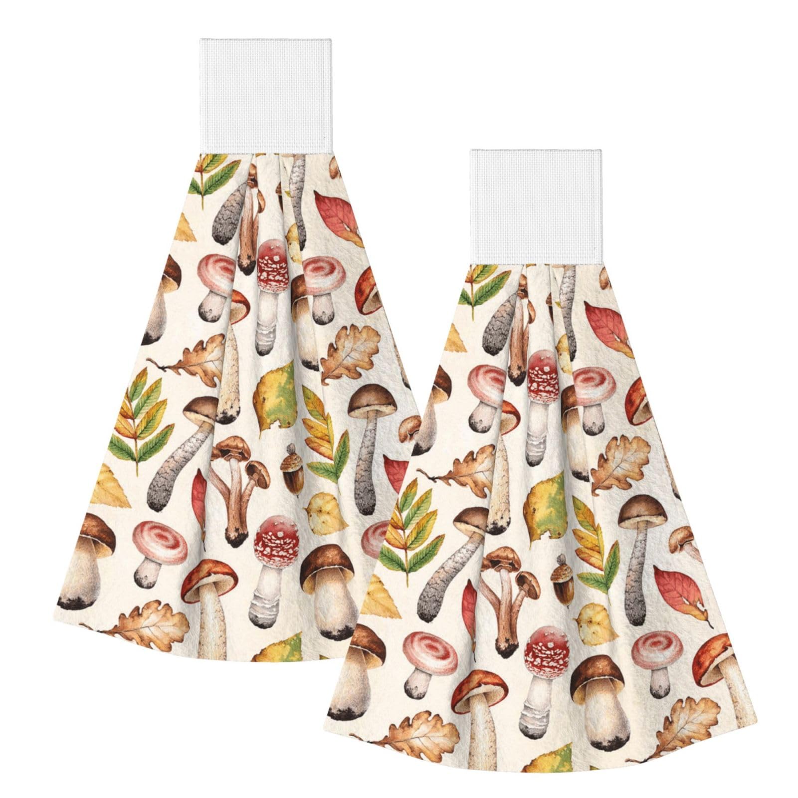 DOPKLNA Watercolor Mushrooms Printed, 2 Pcs Hanging Coral Fiber Hand Towels for Bathroom, Absorbent Kitchen Towels