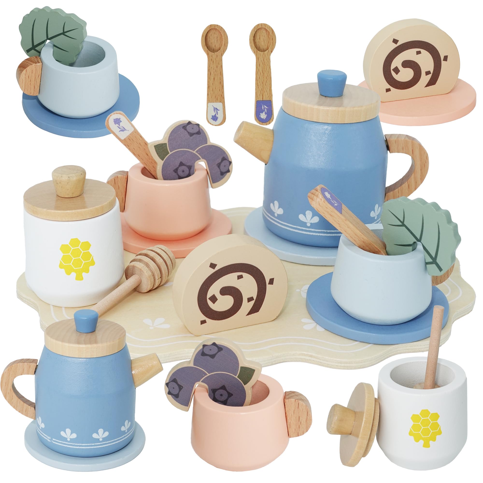 BloomCub Wooden Tea Set for Kids Children Afternoon Tea Party Toy Pretend Role Play Kitchen Accessories Toys Montessori Wooden Toys for 3 4 5 Years Old Girls Boys