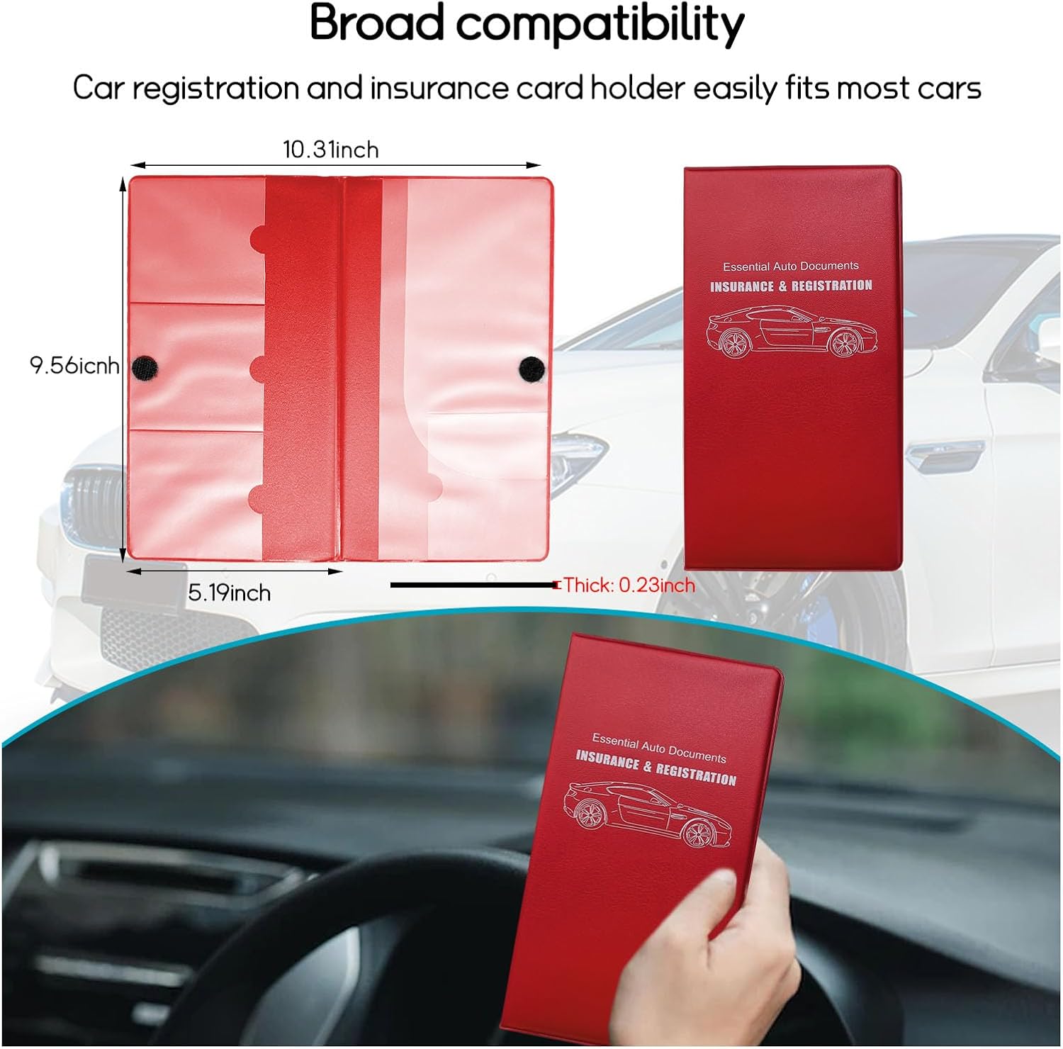 Dickno Car Registration and Insurance Holder, 10.39''×9.56'' Essential Auto Card Document Glove Box Organizer with Closure, Car Interior Accessories (Red, Large Car)