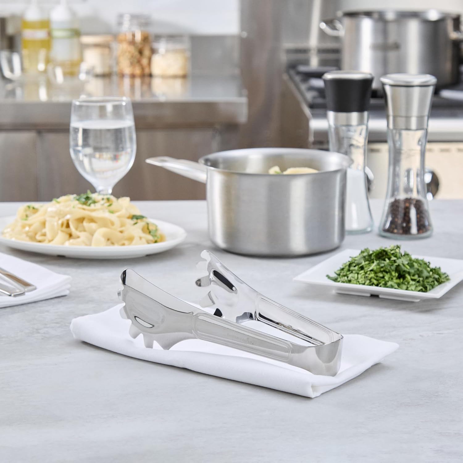Restaurantware Pasta Tongs - 72 Count - Met Lux 8.27" x 3.78" Stainless Steel Spaghetti Tongs, Dual-End Design, Mirror-Polished, Dishwasher Safe - Ideal For Pasta Serving and Buffets
