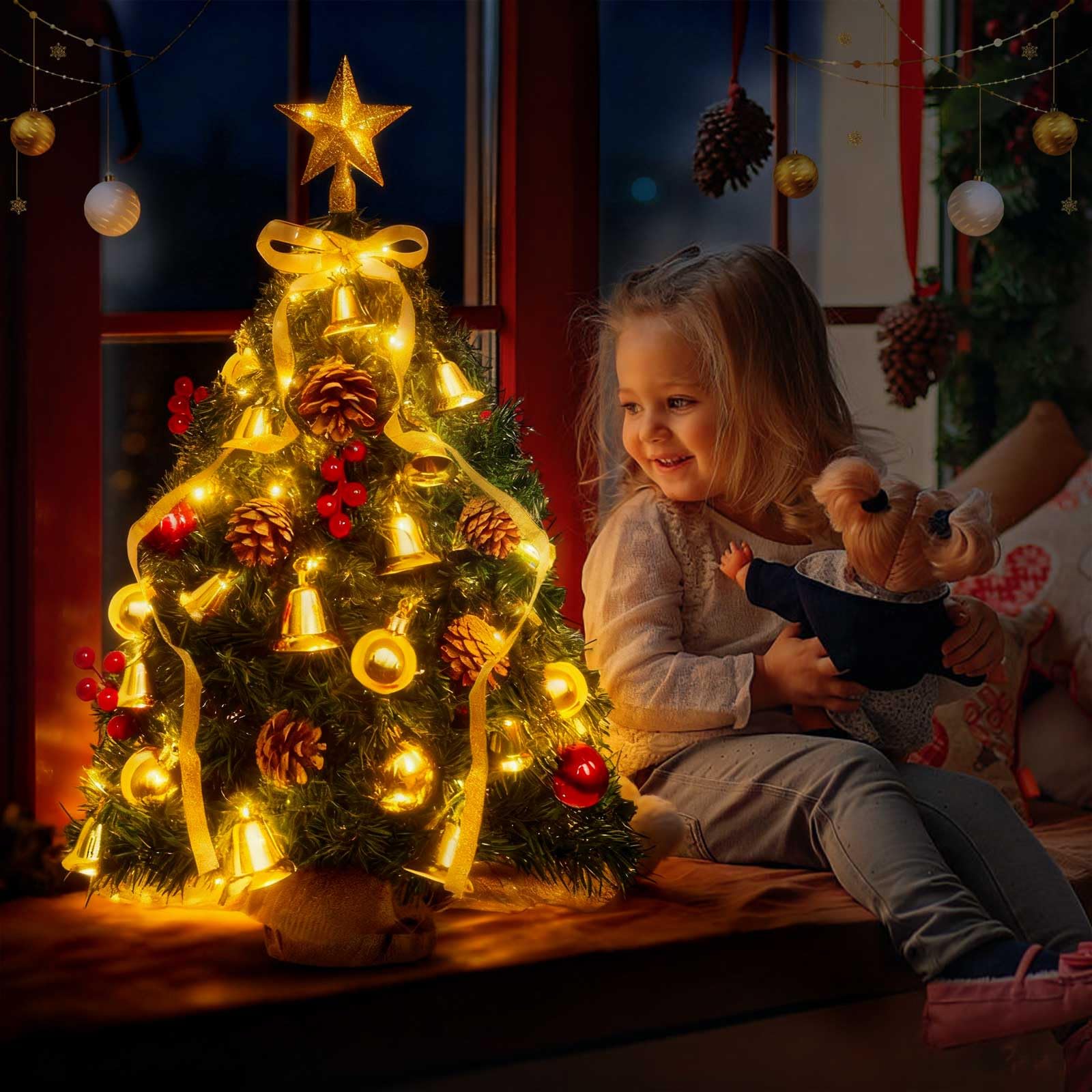Mini Albero di Natale Con illuminazione a LED, 60 cm Corona Dell'albero di Natale, Scatole Regalo Decorate e Ornamenti da Appendere, Albero di Natale Artificiale Multifunzionale…
