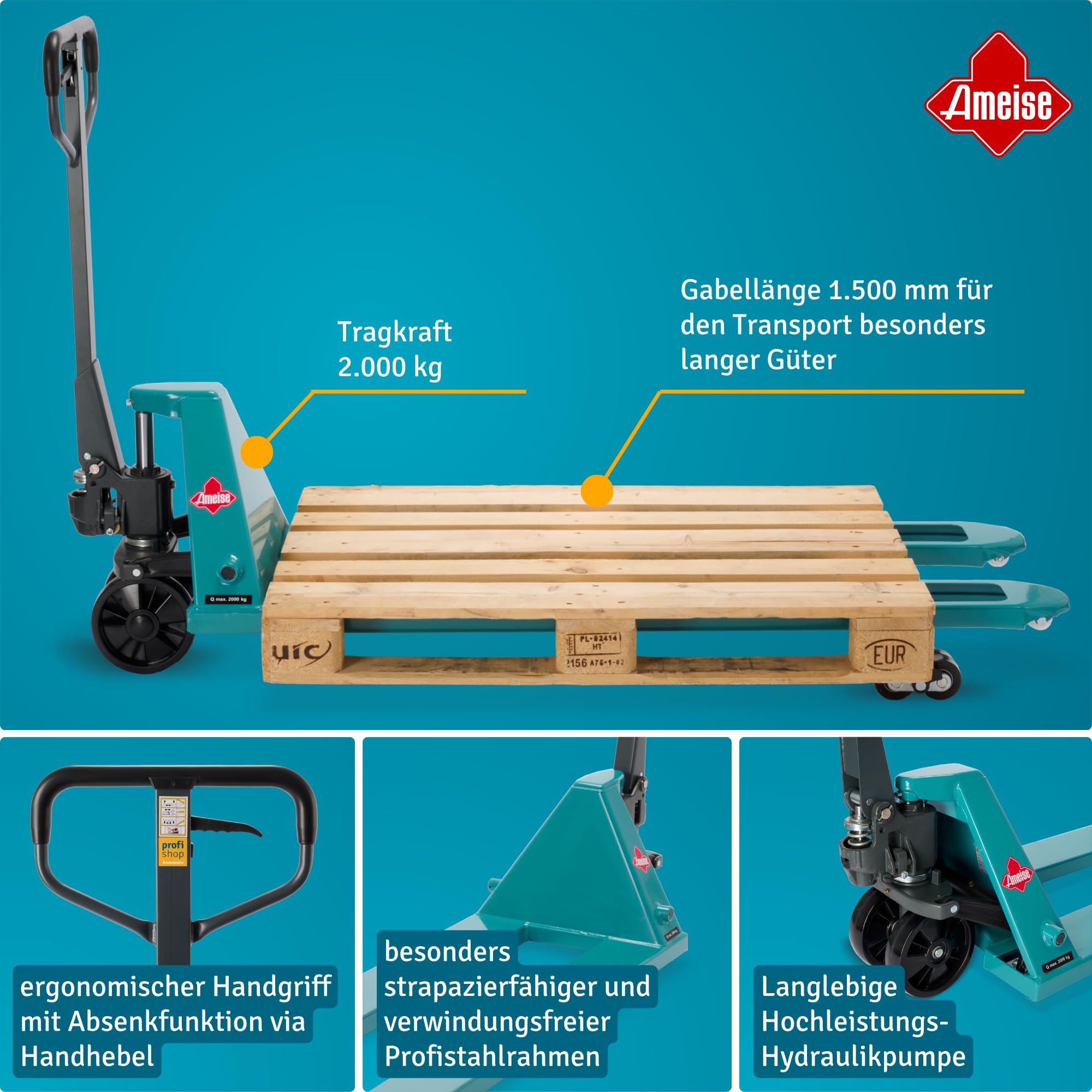 Ameise Hubwagen PTM lang | 2.000 kg Tragkraft | 1.500 mm Gabellänge | Lenkrad/Gabelrolle aus robustem Polyurethan | Tandem-Gabelrollen | Palettenhubwagen
