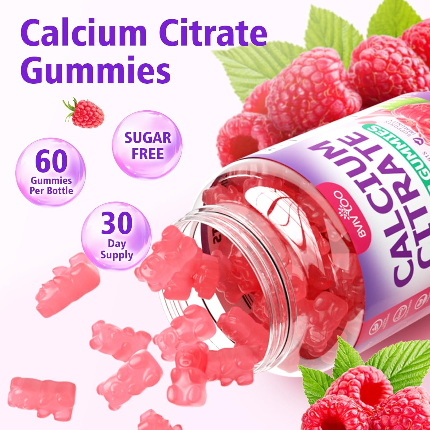 2 Packs High Absorption Calcium Citrate Gummies 1200mg - Bone & Teeth Support for Adults & Kids, Vegan, Non-GMO, Sugar-Free Gummies, Raspberry Flavor, 120 Count