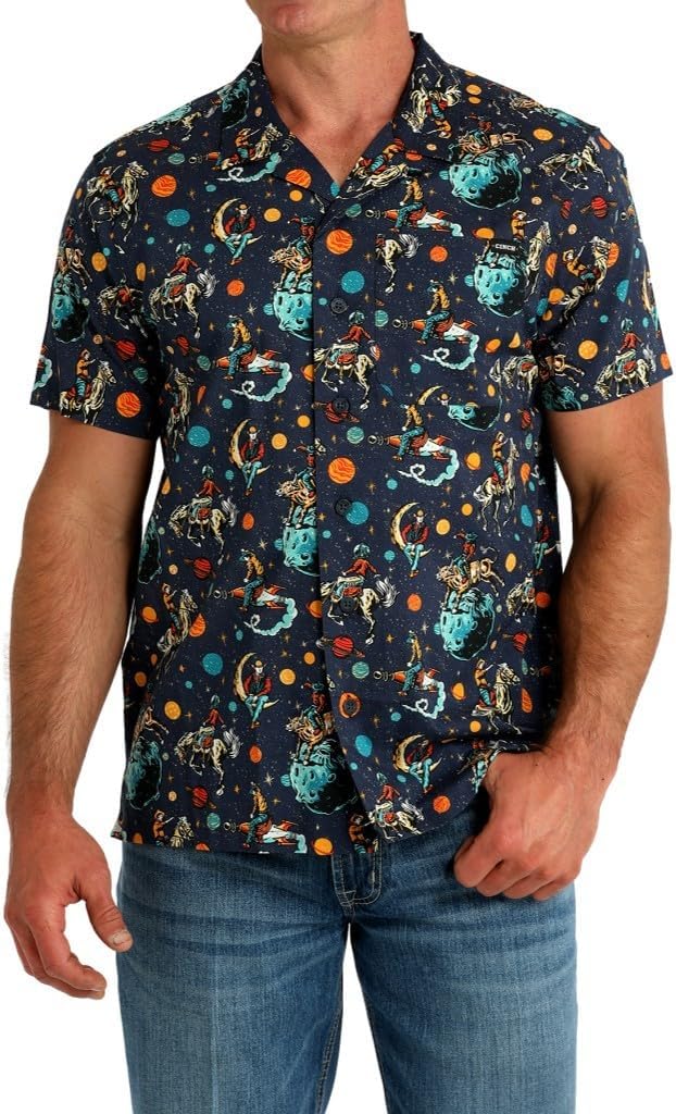 Cinch Western Shirt Mens S/S Outer Space Cowboy Navy MTW1401053