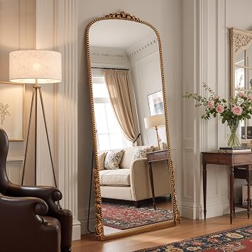 69" x 28" Arched Full Length Mirror, Antique Gold Vintage Floor Mirror with Carved Frame, Large Standing or Hanging Full Body Mirror for Bedroom, Living Room, Cloakroom