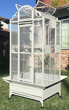 Large Elegance and Durable Wrought Iron Open Play Top Stand Bird Parrot Rolling Cage, Include Metal Seed Guard Solid Metal Feeder Nest Door White Vein, 24.0" L x 22.0" W x 63.0" H