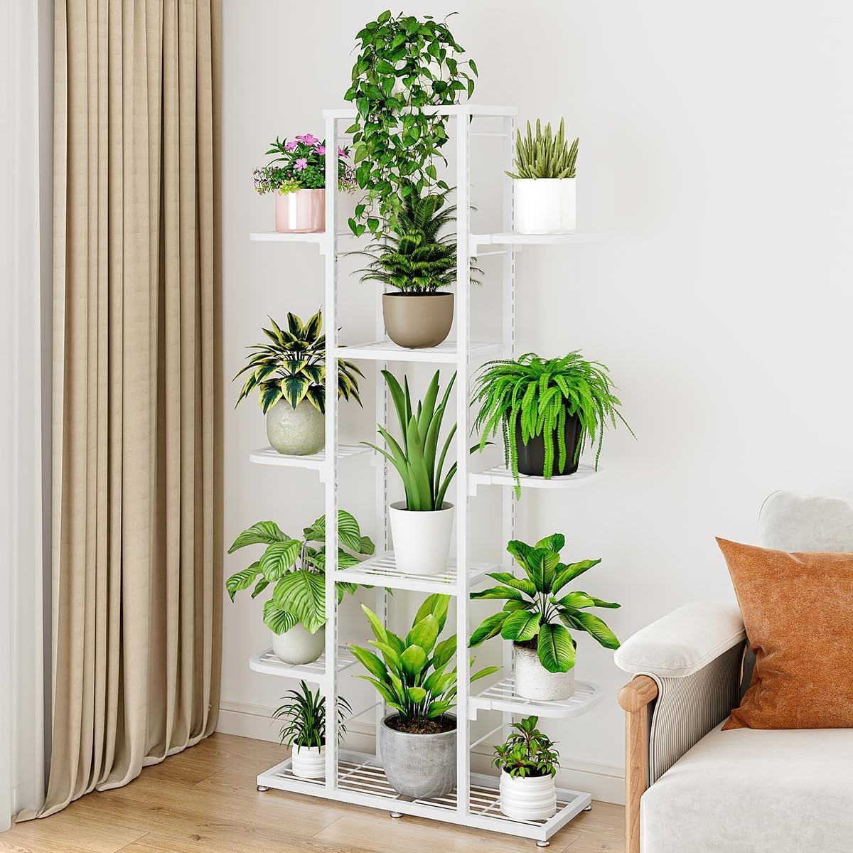 GarveeLife Étagère à Plantes Multi-Niveaux en Métal Blanc, Support pour Fleurs d'Intérieur et Extérieur, pour Balcon, Salon, Chambre et Jardin